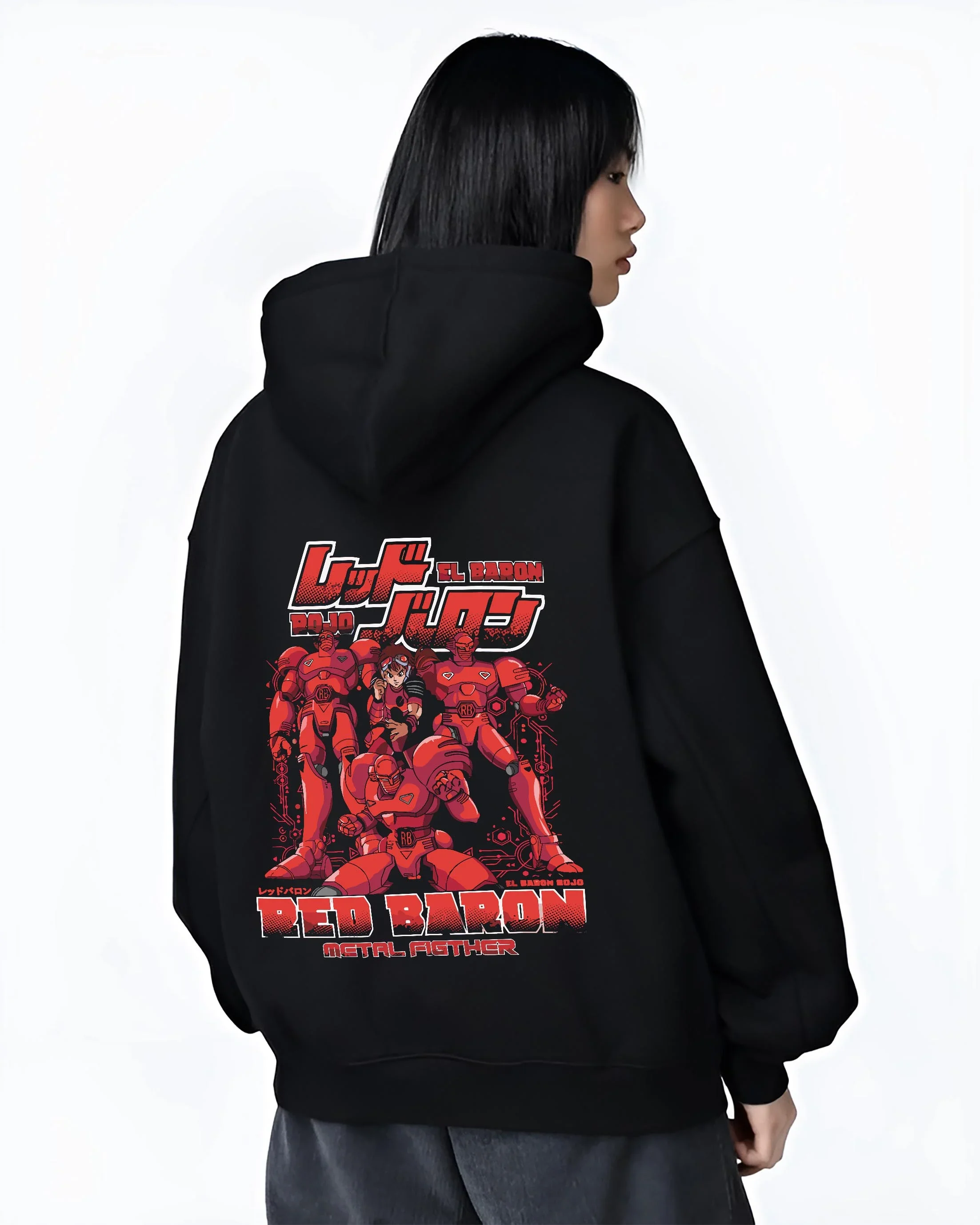 Red Baron Mecha Hoodie Retro 90s Anime Robot Fighter - Image 3